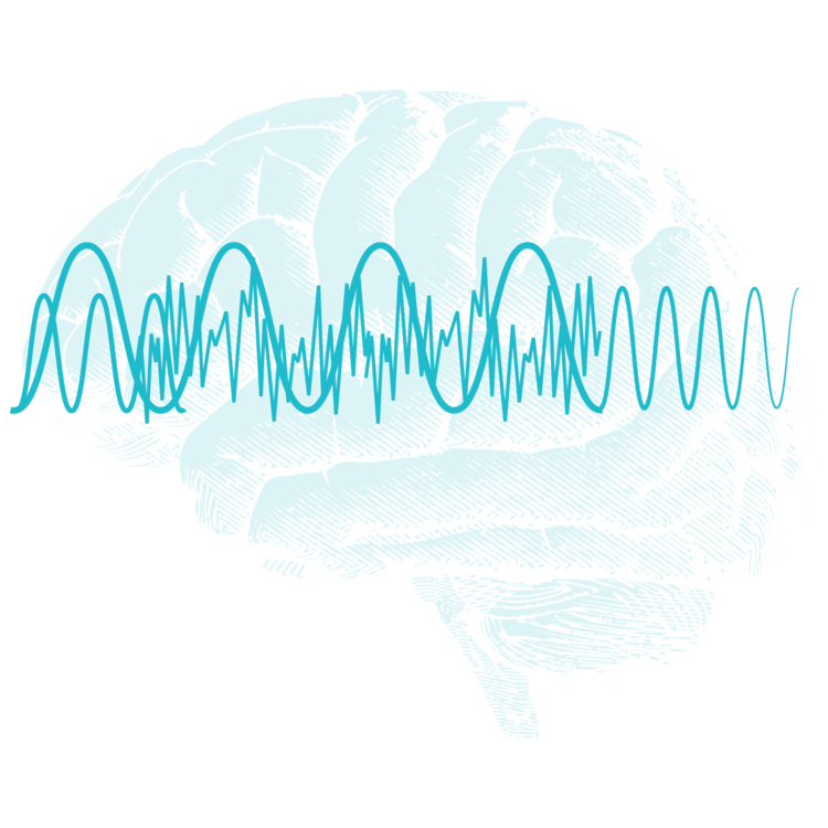 Side view of a brain overlaid with three electromagnetic waveform lines