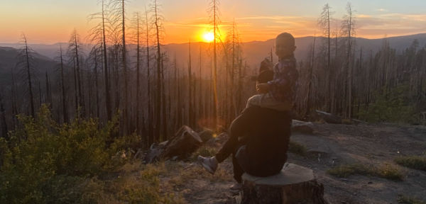 Parent carrying a child on their shoulders, seated at the base of a tree watching a sunset on a mountainside